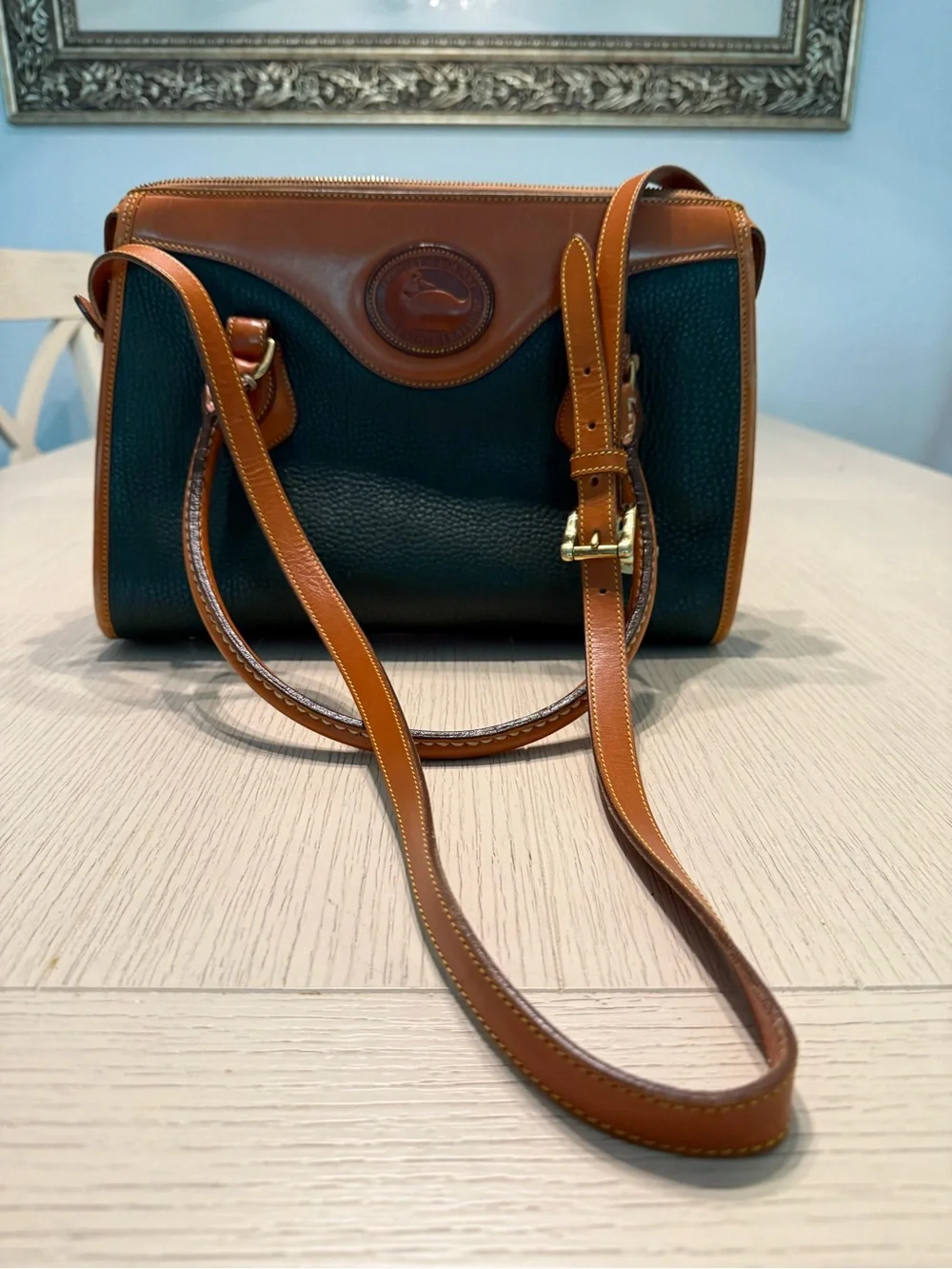 Vintage Dooney & Bourke Green Pebble Leather Crossbody with Brown Trim